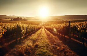 Sun kissed vineyards in tranquil Italian countryside generated by artificial intelligence